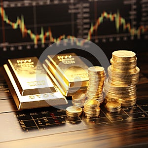 Gold bars and coins on a background of the financial chart. Shallow DOF