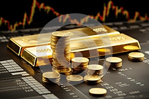 Gold bars and coins on the background of the stock exchange. Business concept, Gold bullion against stock market charts, AI