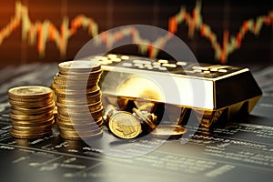 Gold bars and coins on the background of the stock exchange, business concept, Gold bullion against stock market charts, AI