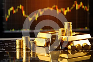 Gold bars and coins on the background of the stock exchange chart, Gold bullion against stock market charts, AI Generated