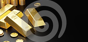 Gold bars and coins on black background 3D render
