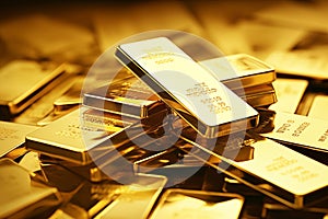 Gold bars Gold ingot, bullion gold, bank vault, stacked image. close up many pure gold bar ingot put on the black color with bokeh