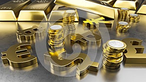Gold bars, golden coins and currency symbols. Stock exchange background, banking or financial concept. 3d rendering