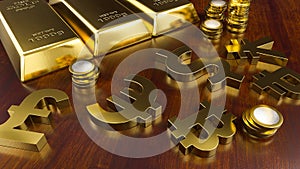 Gold bars, golden coins and currency symbols. Stock exchange background, banking or financial concept. 3d rendering