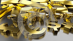 Gold bars and golden currency symbols. Stock exchange background, banking or financial concept. 3d rendering