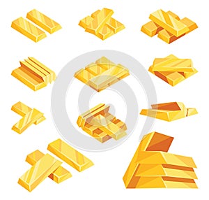 Gold bars icon set for web, games, applications in cartoon style. Financial concept, banking business, prosperity