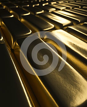 Gold bars in a row 3d render