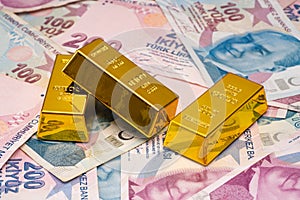 Gold Bars on Turkish lira Banknotes