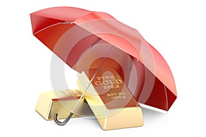 gold bars with umbrella, financial insurance and business stability concept. 3D rendering