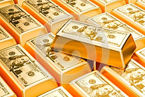 Gold bars with USA dollars background, 3D rendering