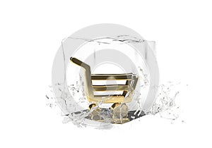 Gold basket shop in cube of melting ice and drop water on isolated background