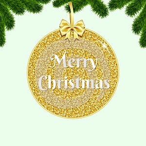 Gold bauble and bow on background with fir-tree branches.