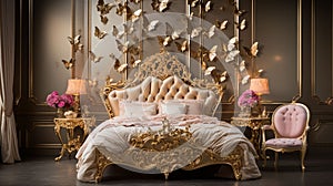 Gold bed adorned with gold butterflies