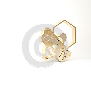 Gold Bee and honeycomb icon isolated on white background. Honey cells. Honeybee or apis with wings symbol. Flying insect