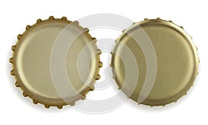 Gold beer bottle caps. Top and back view. Realistic