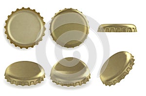 Gold beer bottle caps. Top and back view