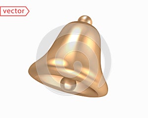 Gold Bell. Tilted Golden Metal Bell isolated on a white background. Christmas symbol, notification, school, vintage bell icon. 3D