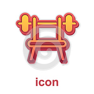 Gold Bench with barbell icon isolated on white background. Gym equipment. Bodybuilding, powerlifting, fitness concept