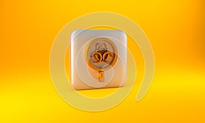 Gold Biohazard and magnifying glass icon isolated on yellow background. Silver square button. 3D render illustration