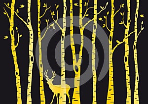 Gold birch trees with deer, vector