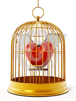 Gold bird cage with heart isolated on white background. 3D illustration