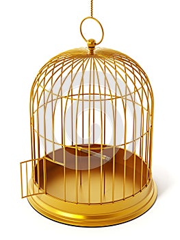 Gold bird cage isolated on white background. 3D illustration