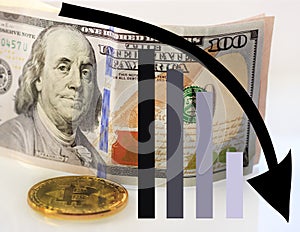Gold bitcoin, in the background, dollars, decreasing chart, close-up