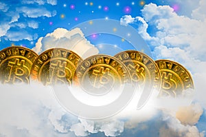 Gold bitcoin, on the clouds, blue sky, with colorful stars as the background.