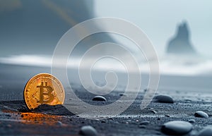 Gold Bitcoin coin in black uninhabited island sand buried on the ocean moody lagoon beach with rocky cliffs. Modern crypto