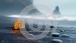 Gold Bitcoin coin in black uninhabited island sand buried on the ocean moody lagoon beach with rocky cliffs. Modern crypto
