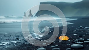 Gold Bitcoin coin in black uninhabited island sand buried on the ocean moody lagoon beach with rocky cliffs. Modern crypto