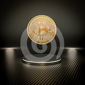 Gold bitcoin coin on carbon fiber podium