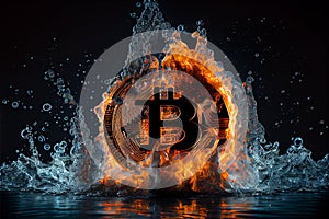 Gold bitcoin coin falling to water. Bitcoin and water splash.