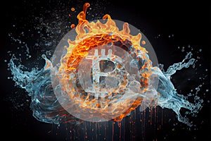 Gold bitcoin coin falling to water. Bitcoin and water splash.