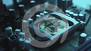 A gold Bitcoin coin with glare and reflection installed instead of a central processor in a motherboard with electronic components