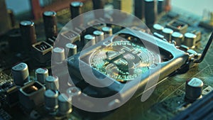 A gold Bitcoin coin with glare and reflection installed instead of a central processor in a motherboard with electronic components