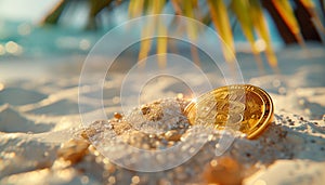 Gold Bitcoin coin in white tropical uninhabited island sand buried on the ocean blue lagoon beach. Modern crypto currency world,