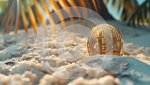 Gold Bitcoin coin in white tropical uninhabited island sand buried on the ocean blue lagoon beach. Modern crypto currency world,