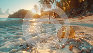 Gold Bitcoin coin in white tropical uninhabited island sand buried on ocean blue lagoon beach with running locals. Modern crypto
