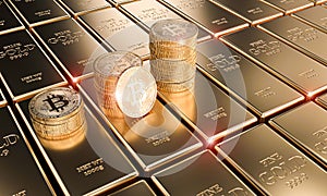 Gold bitcoin coins on classic ingots, concept of cryptocurrency and economy