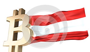 Gold bitcoin cryptocurrency with a waving Austria flag. 3D Rendering