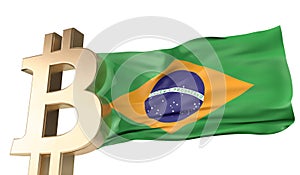 Gold bitcoin cryptocurrency with a waving Brazil flag. 3D Rendering