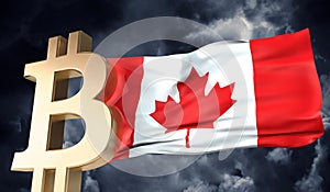 Gold bitcoin cryptocurrency with a waving Canada flag. 3D Rendering