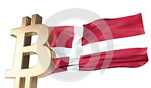 Gold bitcoin cryptocurrency with a waving Denmark flag. 3D Rendering