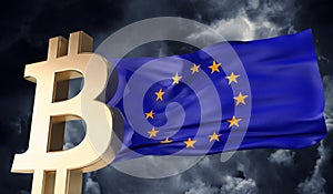 Gold bitcoin cryptocurrency with a waving Europe flag. 3D Rendering