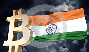 Gold bitcoin cryptocurrency with a waving India flag. 3D Rendering