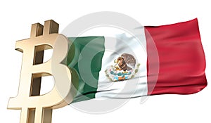 Gold bitcoin cryptocurrency with a waving Mexico flag. 3D Rendering