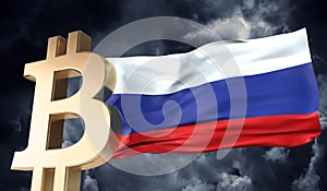 Gold bitcoin cryptocurrency with a waving Russia flag. 3D Rendering