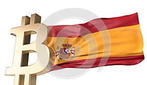 Gold bitcoin cryptocurrency with a waving Spain flag. 3D Rendering