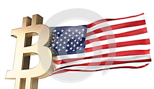 Gold bitcoin cryptocurrency with a waving USA flag. 3D Rendering